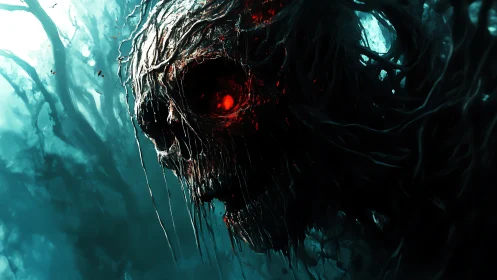 Tangled Forest Wraith With Burning Ruby Eye Looms Close.