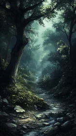 Misty Forest Stream: Towering Ancient Trees Frame Flowing Water