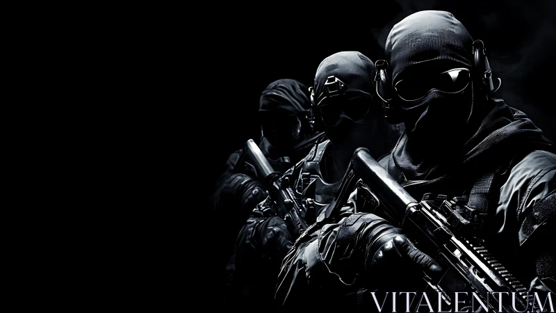 Elite tactical soldiers emerge from darkness in tense focus