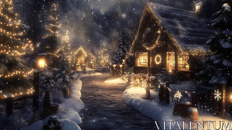 Snowy Christmas village path glows with warm festive lights.