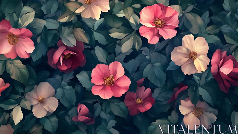 Garden blooms in soft pink and cream tones with emerald foliage.