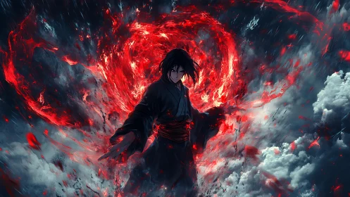 Mystical fire wielder standing within a storm of red power.