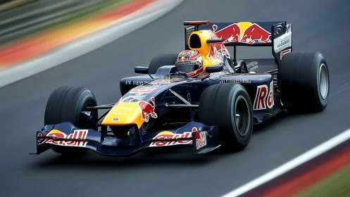 Red Bull Formula One car on asphalt racing circuit track.
