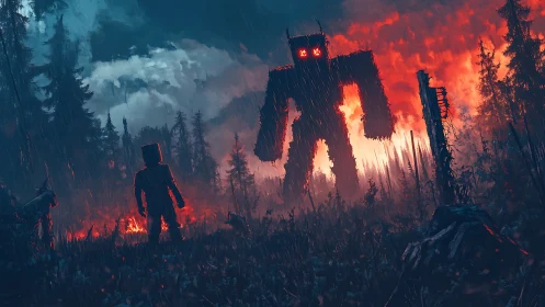Pixel warrior confronting colossal lava mech in stormy forest.