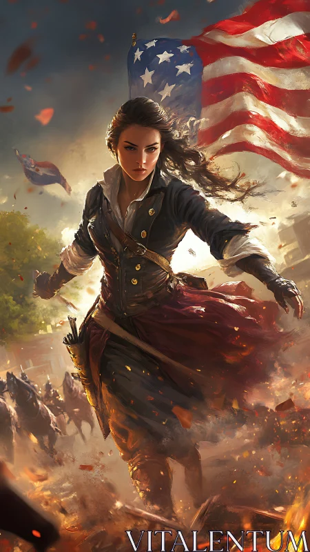 Heroic rider charging forward beneath a storm of flags.