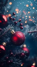 Red glass baubles glow on frosted Christmas tree branches