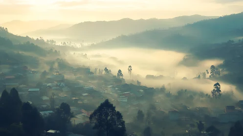 Foggy mountain town at sunrise with soft muted light.