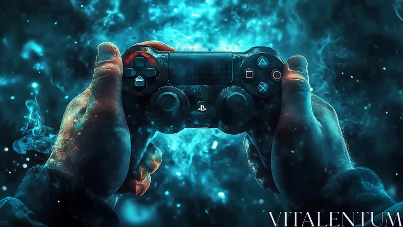 Starlit gamer hands cradle a cosmic blue controller blaze.