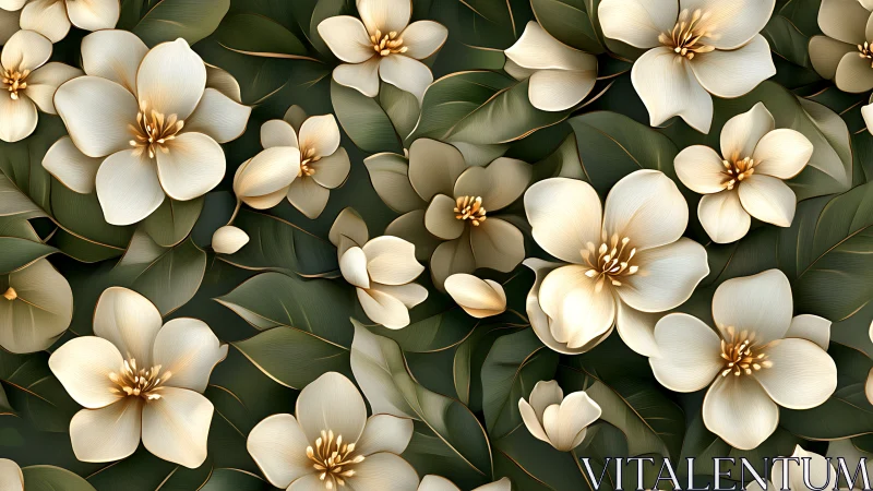 Cream and gold flowers with deep green foliage in digital composition.