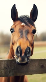 Close frontal view of brown horse over wooden fence.