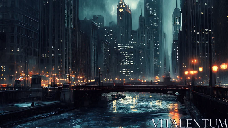 Rain-soaked futuristic city river with glowing bridges.