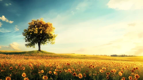 Lone hilltop tree guarding an endless golden flower tide.