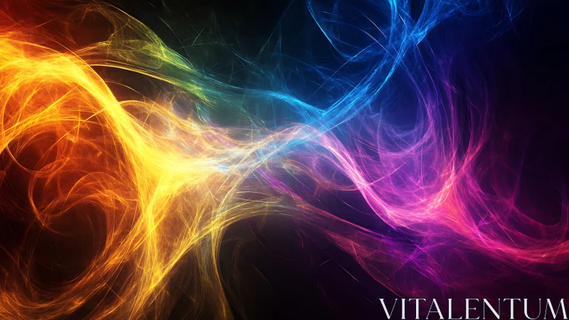 Vibrant neon energy waves crossing dark abstract space.