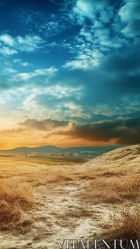 Dirt path through dry golden field under vivid sky.