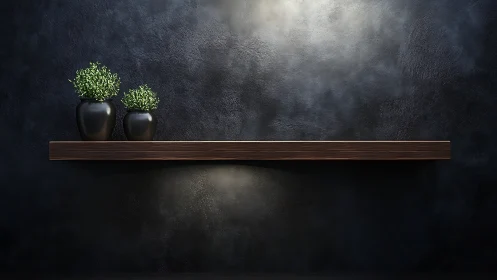 Minimalist wood shelf with black planters on dark wall.
