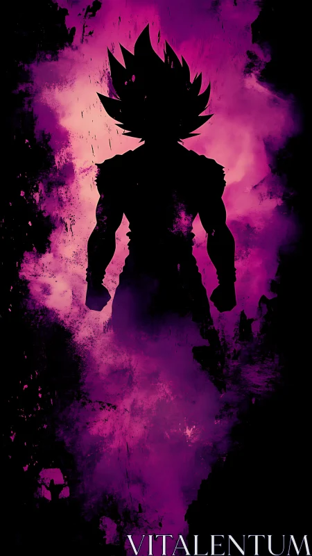 Energetic warrior silhouette in magenta ink dispersion field.