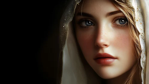 Soft-lit portrait reveals freckled girl in shimmering veil.