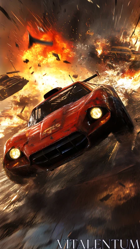 Explosive street racer leaping through fiery battlefield.