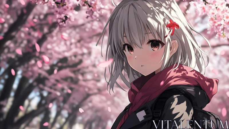 Silver haired anime girl under blooming cherry blossoms in spring