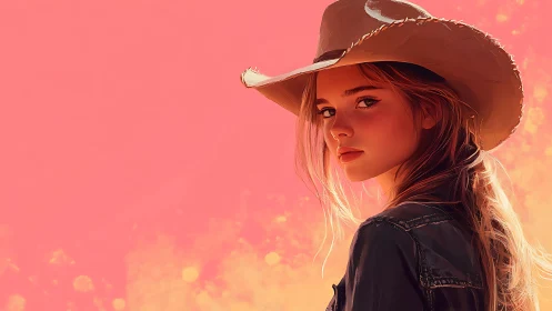 Sunlit cowgirl gaze against a dreamy sherbet sky glow.