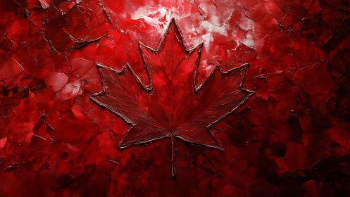 Textured red maple leaf emerges from abstract oil canvas.