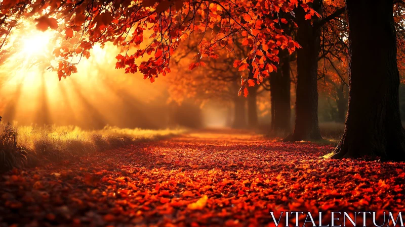 Backlit autumn forest path glows in diffused golden light