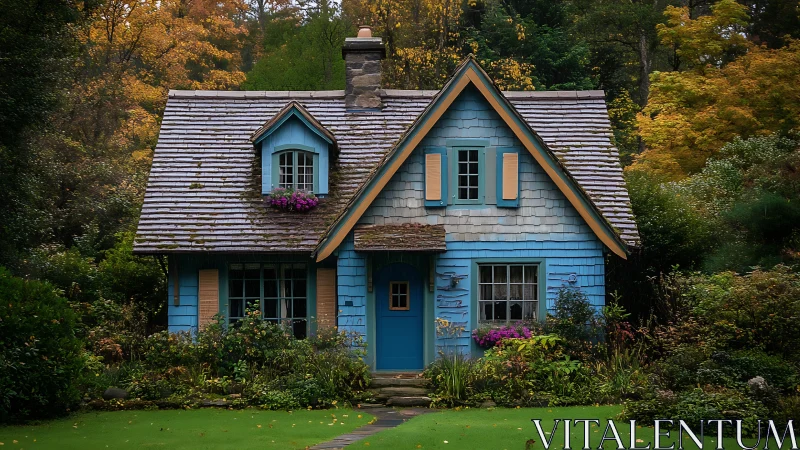 Charming blue cottage nestles in lush autumn woodland garden.