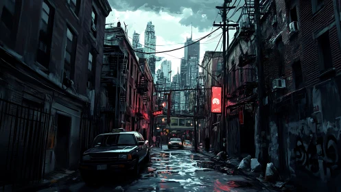 Rain-soaked urban alley with taxi and distant skyline.