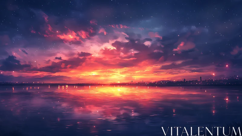 Neon dusk skyline over reflective waterfront horizon.