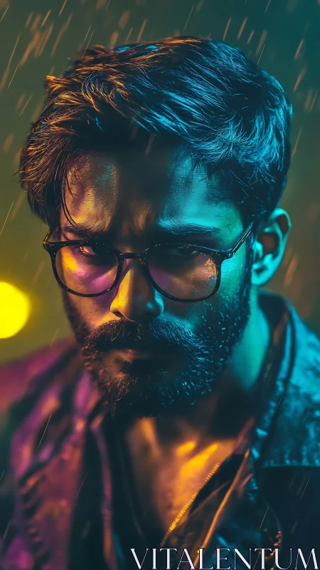 Moody neon portrait captures intense gaze in city rain