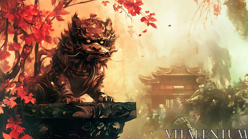 Guardian stone lion rendered in warm mist with distant temple