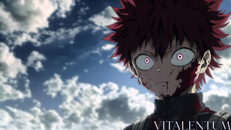 Intense red haired anime fighter stands beneath stormy sky