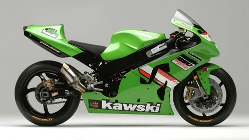 Green race motorcycle profile with glossy aerodynamic fairings.