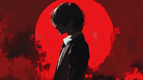 Silhouetted figure stands before large red circular backdrop