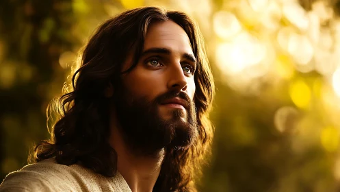 Gentle bearded figure in golden evening forest glow.