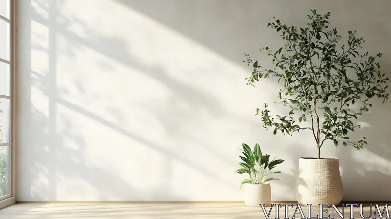 Sunlit minimalist room with two indoor potted plants.