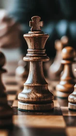 Wooden chess king in shallow depth-of-field strategic close-up