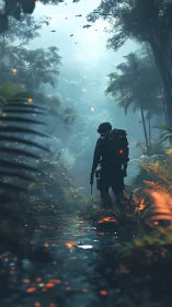 Tactical soldier silhouetted in misty bioluminescent jungle stream.