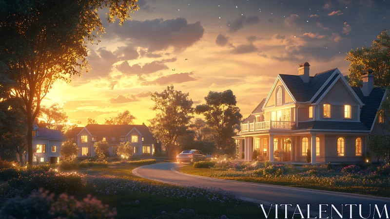 Golden hour suburban street with glowing family homes at dusk.