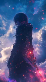 Backlit anime swordsman framed by ethereal nebula sky