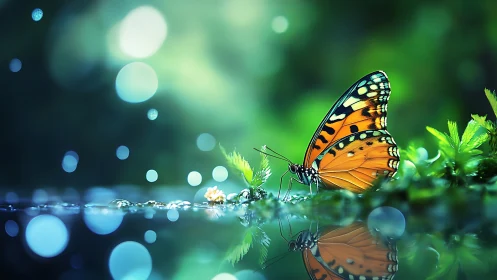 Butterfly rests beside water with luminous bokeh reflections.