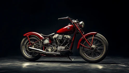 Vintage red motorcycle on dark studio background shot.