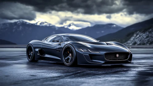 Midnight sports car poised on a dramatic mountain highway.