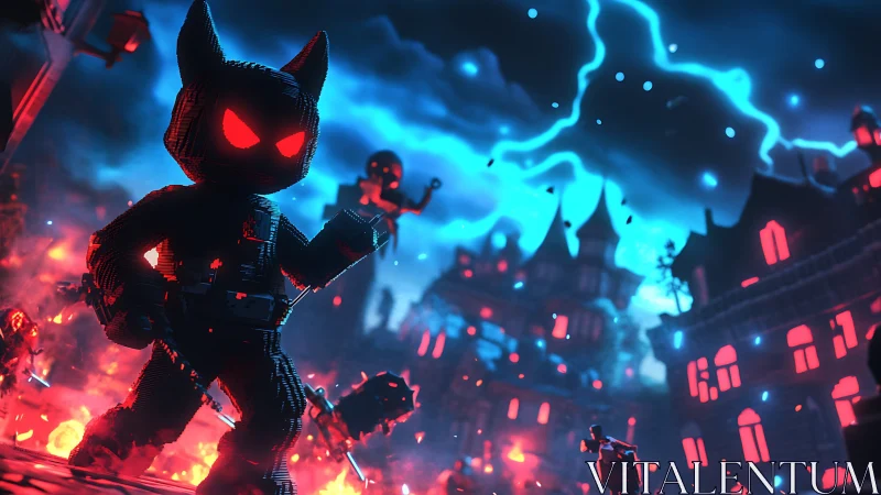 Luminous brick rogue storms a neon haunted city under lightning