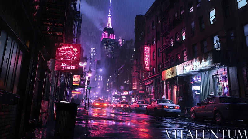 Rain-soaked neon city street glows under magenta skyline.