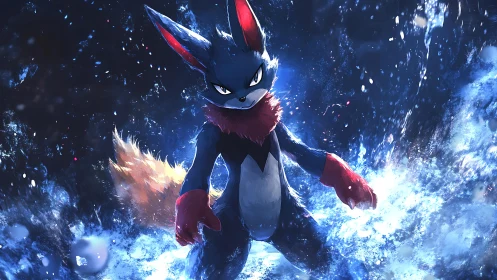 Powerful blue fox creature stands in glowing water storm.