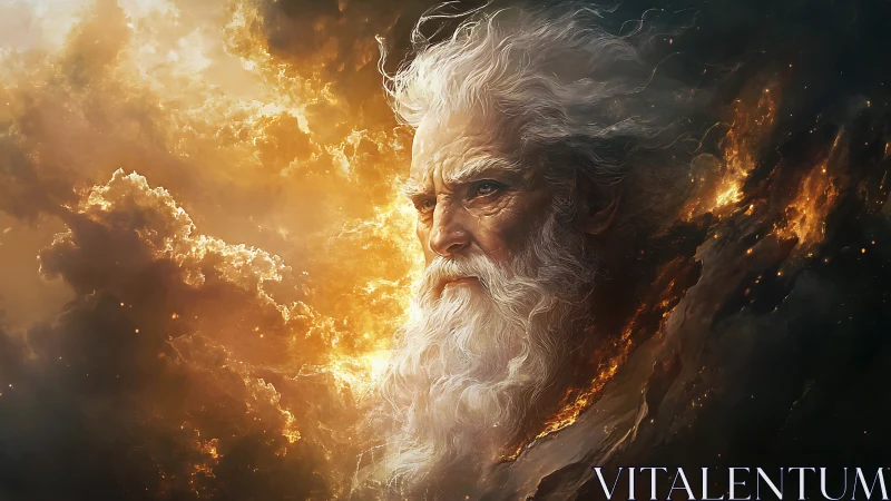 Elderly male face emerges from luminous cloud formations