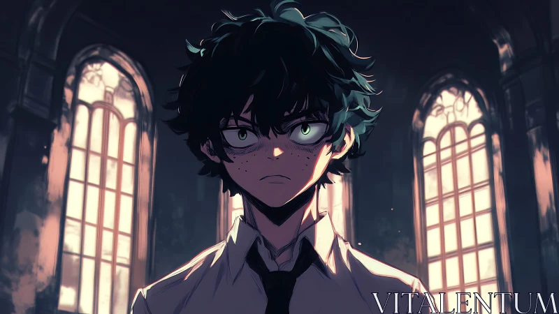 Intense green-eyed student in high-contrast cathedral lighting.