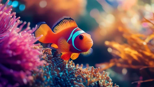 Vivid clownfish drifting through luminous coral garden.