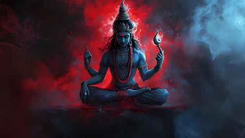 Blue-skinned meditative figure amid red and blue vapor.